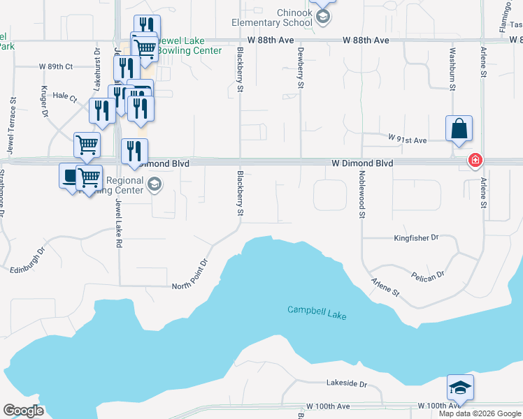 map of restaurants, bars, coffee shops, grocery stores, and more near 3400 North Shore Drive in Anchorage
