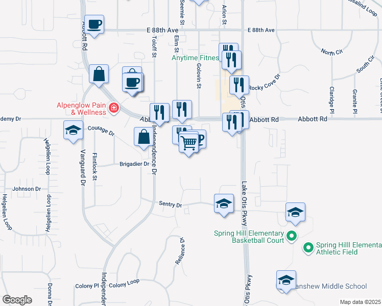 map of restaurants, bars, coffee shops, grocery stores, and more near 2278 Abbott Rd in Anchorage