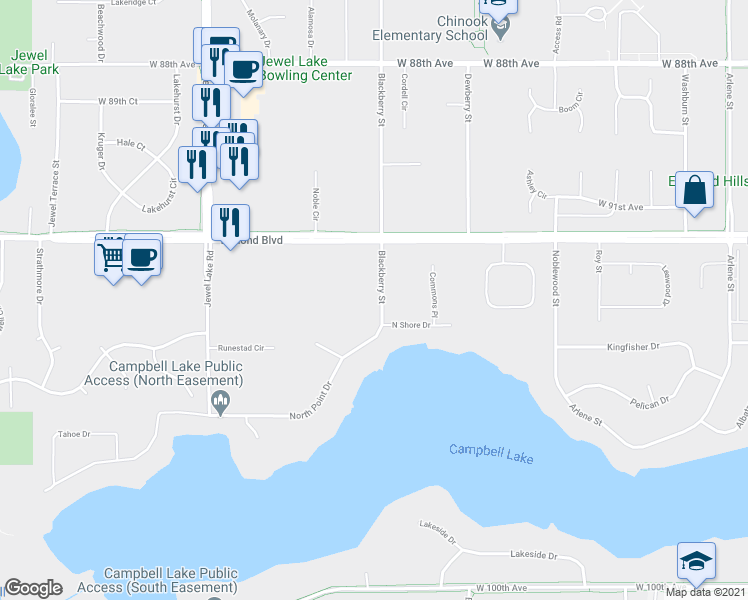 map of restaurants, bars, coffee shops, grocery stores, and more near 3500 North Point Drive in Anchorage