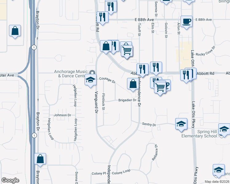 map of restaurants, bars, coffee shops, grocery stores, and more near 9350 Redcoat Place in Anchorage