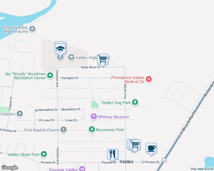 map of restaurants, bars, coffee shops, grocery stores, and more near 141-311 Hanagita Street in Valdez