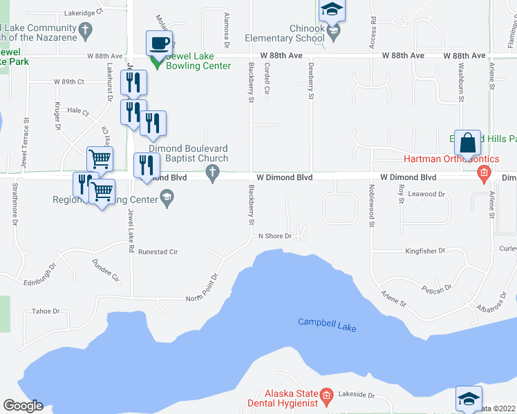 map of restaurants, bars, coffee shops, grocery stores, and more near 9321 Blackberry Street in Anchorage
