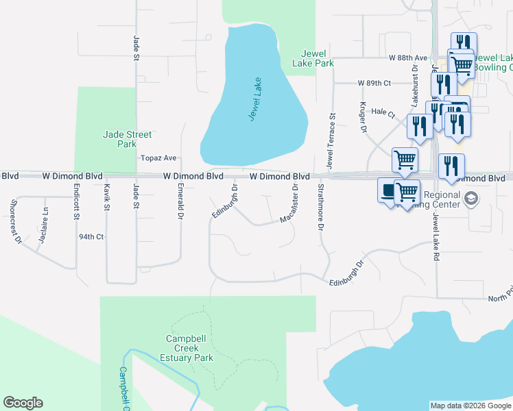 map of restaurants, bars, coffee shops, grocery stores, and more near 9215 Kirkwall Circle in Anchorage