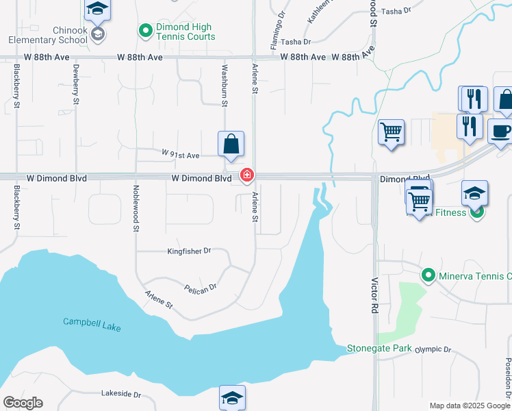 map of restaurants, bars, coffee shops, grocery stores, and more near 9320 Arlene Drive in Anchorage
