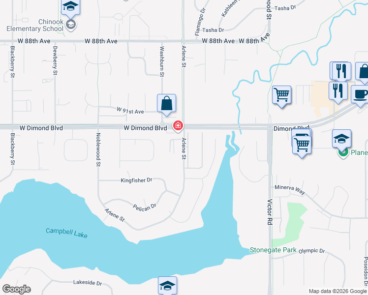 map of restaurants, bars, coffee shops, grocery stores, and more near 9320 Arlene Drive in Anchorage