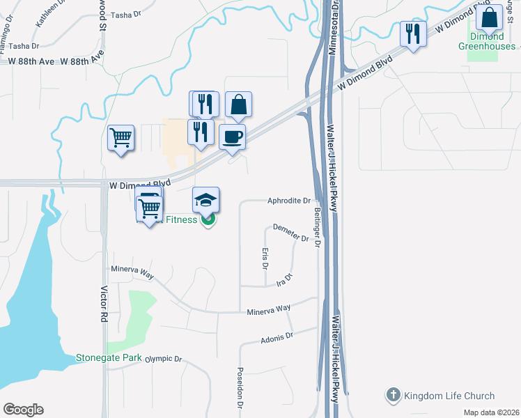 map of restaurants, bars, coffee shops, grocery stores, and more near 9240 Aphrodite Drive in Anchorage