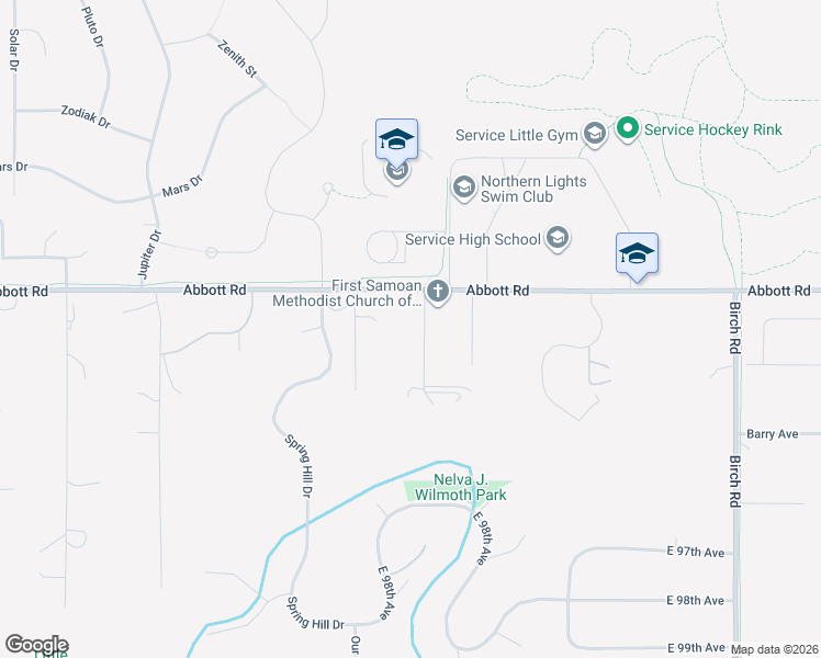 map of restaurants, bars, coffee shops, grocery stores, and more near 9220 Nickell Circle in Anchorage