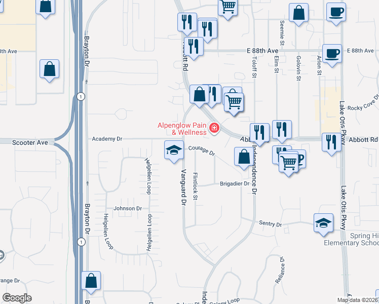 map of restaurants, bars, coffee shops, grocery stores, and more near 9200 Flintlock Street in Anchorage