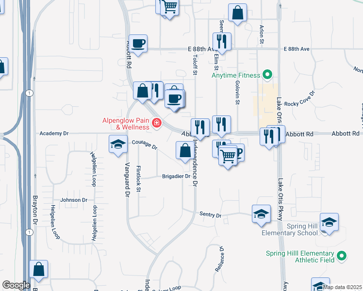 map of restaurants, bars, coffee shops, grocery stores, and more near 9200 Independence Drive in Anchorage