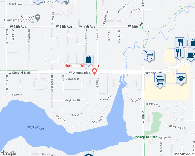 map of restaurants, bars, coffee shops, grocery stores, and more near 9200-9398 Arlene Street in Anchorage