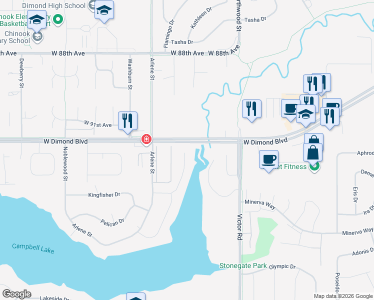 map of restaurants, bars, coffee shops, grocery stores, and more near 2502 Curlew Circle in Anchorage