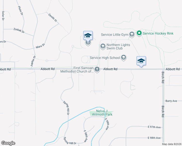 map of restaurants, bars, coffee shops, grocery stores, and more near 9220 Nickell Cir in Anchorage