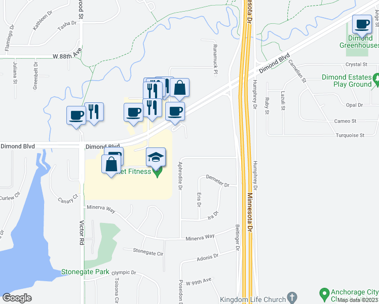 map of restaurants, bars, coffee shops, grocery stores, and more near 9240 Aphrodite Drive in Anchorage