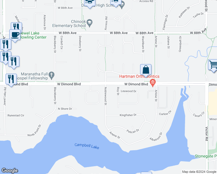 map of restaurants, bars, coffee shops, grocery stores, and more near 9231 Noblewood Street in Anchorage
