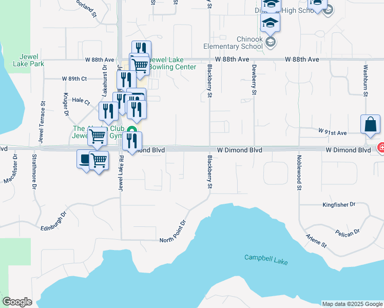 map of restaurants, bars, coffee shops, grocery stores, and more near 3580 West Dimond Boulevard in Anchorage