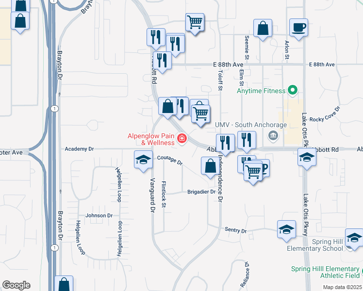 map of restaurants, bars, coffee shops, grocery stores, and more near 2000 Abbott Road in Anchorage