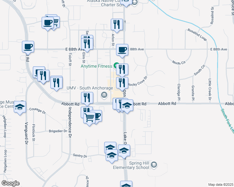 map of restaurants, bars, coffee shops, grocery stores, and more near 9100 Lake Otis Parkway in Anchorage