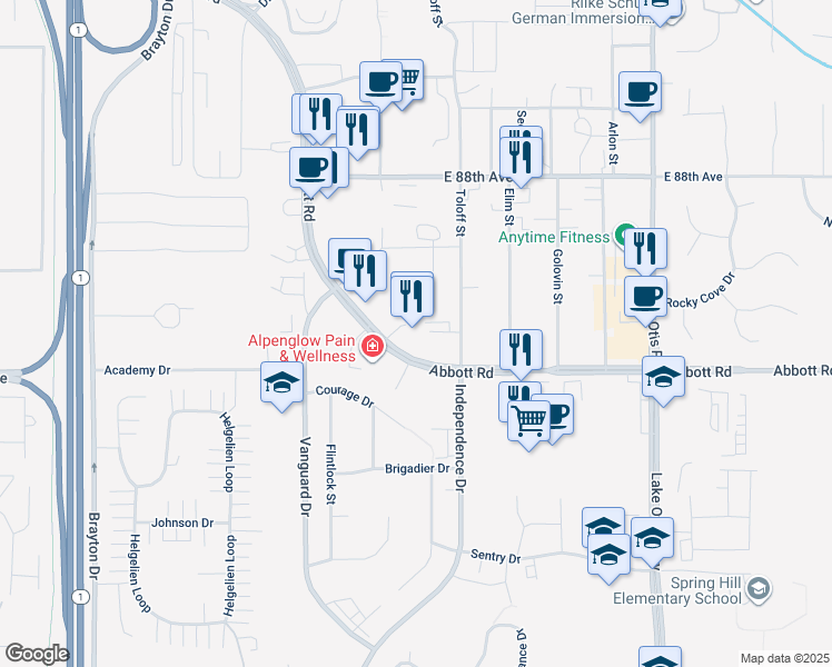 map of restaurants, bars, coffee shops, grocery stores, and more near 15995 Seville Circle in Anchorage