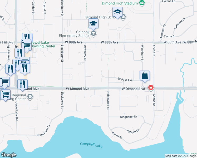 map of restaurants, bars, coffee shops, grocery stores, and more near 9098 Ashley Circle in Anchorage