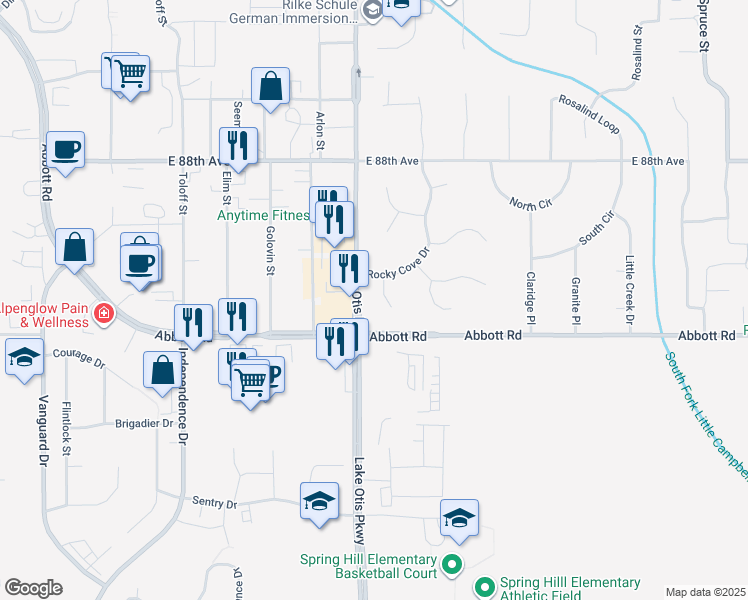 map of restaurants, bars, coffee shops, grocery stores, and more near 9120 Seal Point Circle in Anchorage