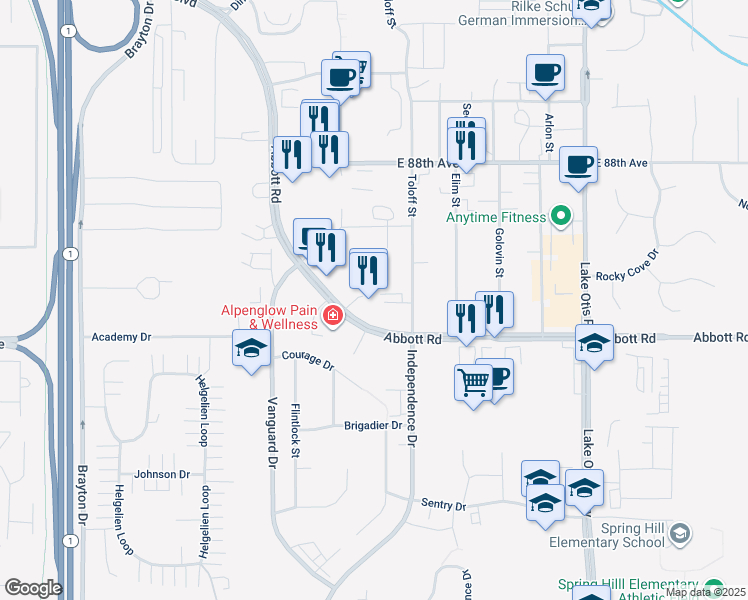 map of restaurants, bars, coffee shops, grocery stores, and more near 2011 Abbott Road in Anchorage