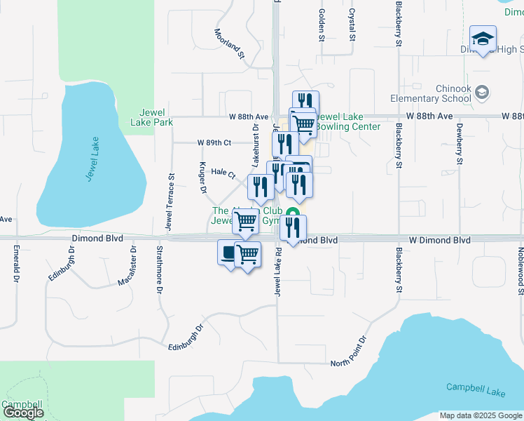 map of restaurants, bars, coffee shops, grocery stores, and more near 9150 Jewel Lake Road in Anchorage