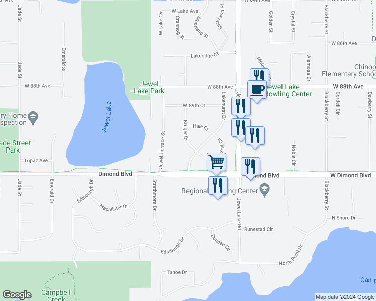 map of restaurants, bars, coffee shops, grocery stores, and more near 9036 Kruger Drive in Anchorage