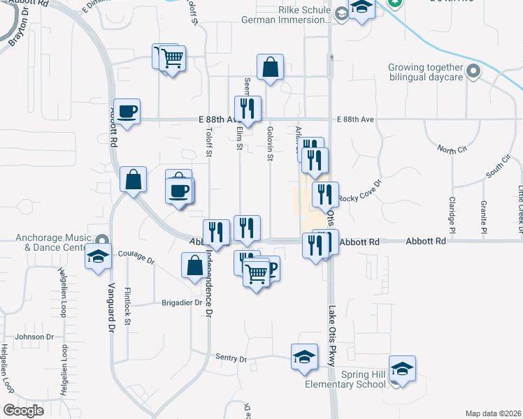 map of restaurants, bars, coffee shops, grocery stores, and more near 9050 Golovin St in Anchorage