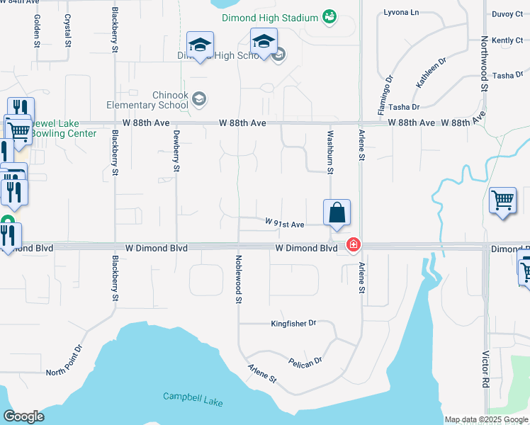 map of restaurants, bars, coffee shops, grocery stores, and more near 3021 West 91st Avenue in Anchorage