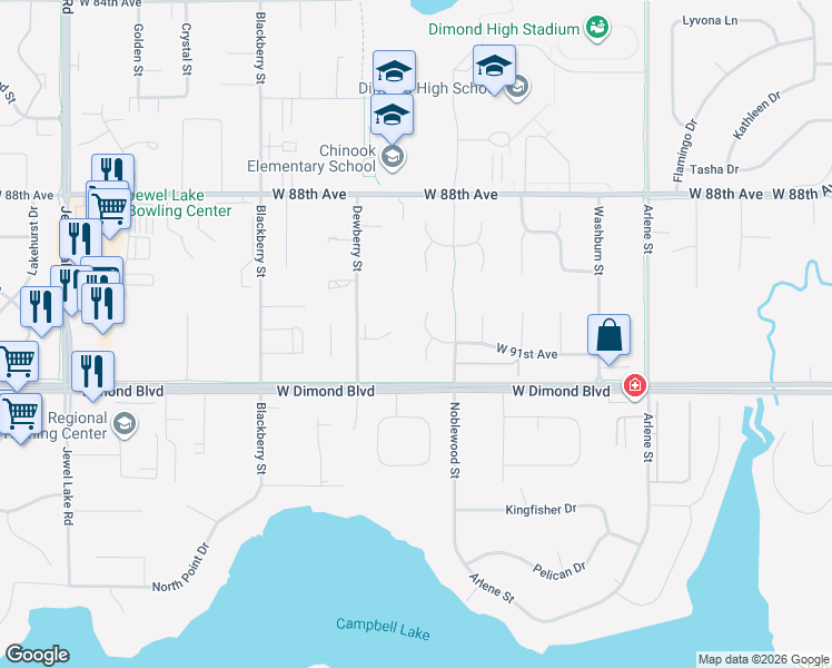 map of restaurants, bars, coffee shops, grocery stores, and more near 9098 Ashley Circle in Anchorage