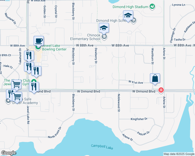 map of restaurants, bars, coffee shops, grocery stores, and more near 9033 Dewberry Street in Anchorage