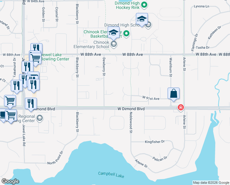 map of restaurants, bars, coffee shops, grocery stores, and more near 9047 Dewberry Street in Anchorage