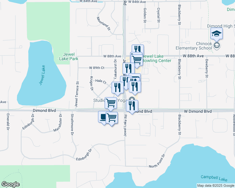 map of restaurants, bars, coffee shops, grocery stores, and more near 3927 Lakehurst Circle in Anchorage