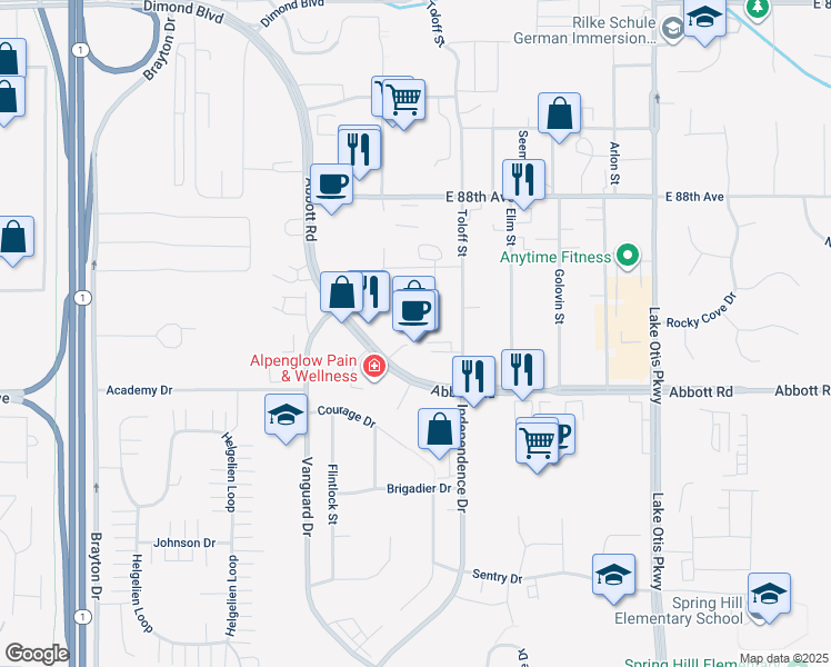 map of restaurants, bars, coffee shops, grocery stores, and more near 2011 Abbott Road in Anchorage