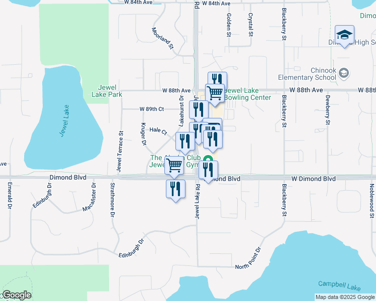 map of restaurants, bars, coffee shops, grocery stores, and more near 9150 Jewel Lake Road in Anchorage