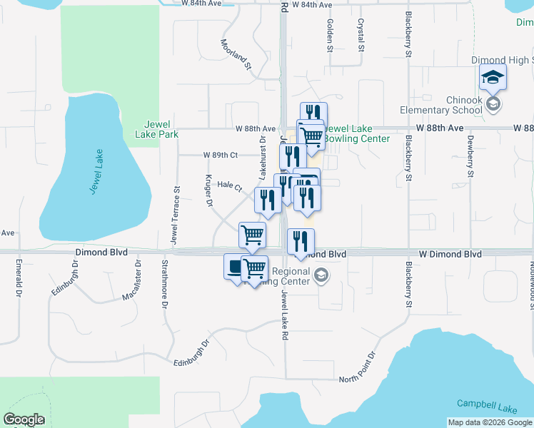 map of restaurants, bars, coffee shops, grocery stores, and more near 3927 Lakehurst Circle in Anchorage