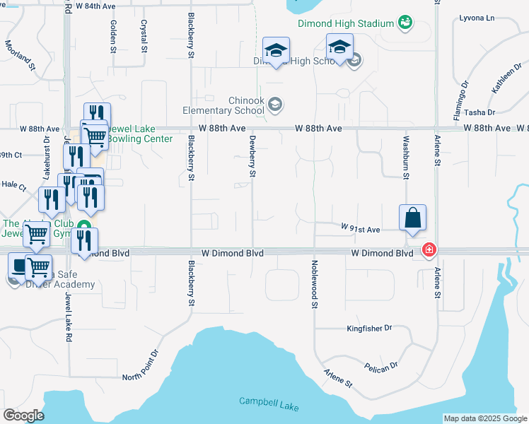 map of restaurants, bars, coffee shops, grocery stores, and more near 9033 Dewberry Street in Anchorage