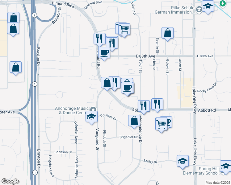 map of restaurants, bars, coffee shops, grocery stores, and more near 2000-2062 Abbott Rd in Anchorage