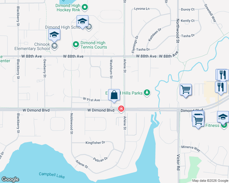 map of restaurants, bars, coffee shops, grocery stores, and more near 9045 Washburn Street in Anchorage