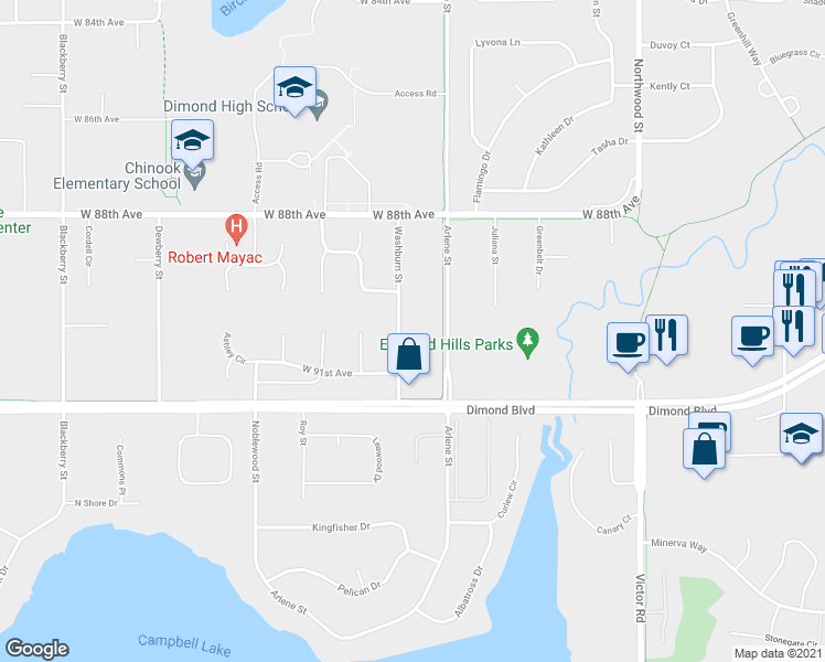 map of restaurants, bars, coffee shops, grocery stores, and more near 9045 Washburn Street in Anchorage