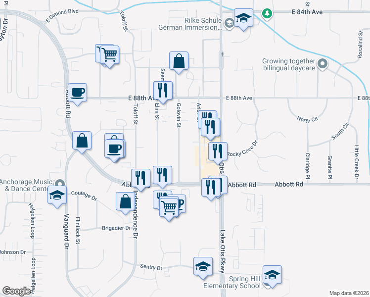 map of restaurants, bars, coffee shops, grocery stores, and more near 9050 Golovin Street in Anchorage