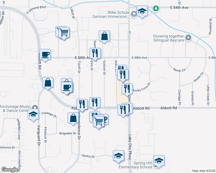 map of restaurants, bars, coffee shops, grocery stores, and more near 9050 Golovin Street in Anchorage