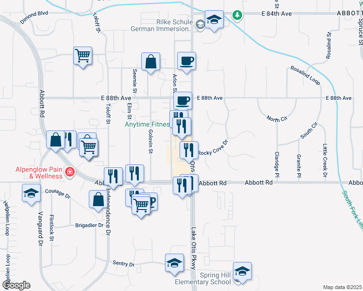 map of restaurants, bars, coffee shops, grocery stores, and more near 9100 Lake Otis Parkway in Anchorage