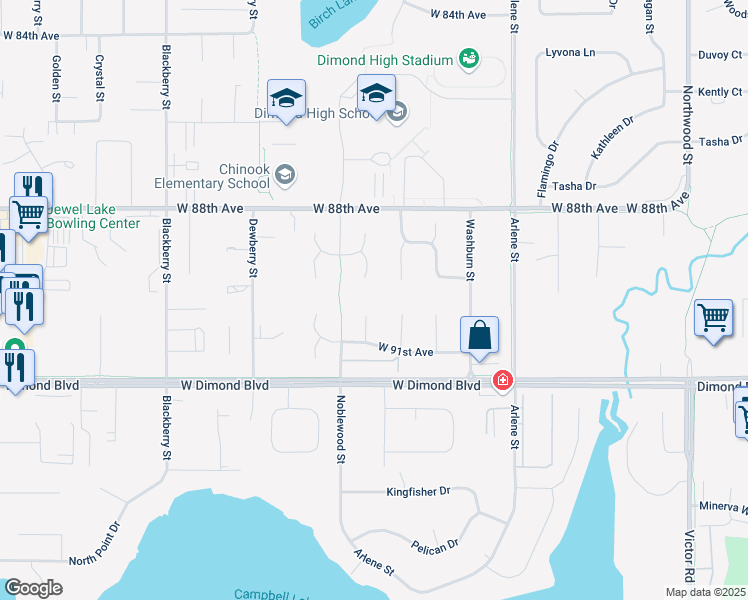 map of restaurants, bars, coffee shops, grocery stores, and more near 3021 West 91st Avenue in Anchorage