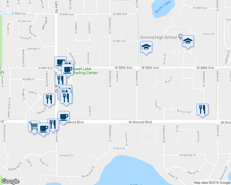 map of restaurants, bars, coffee shops, grocery stores, and more near 8870 Cordell Circle in Anchorage