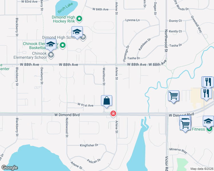 map of restaurants, bars, coffee shops, grocery stores, and more near 8931 Washburn Street in Anchorage