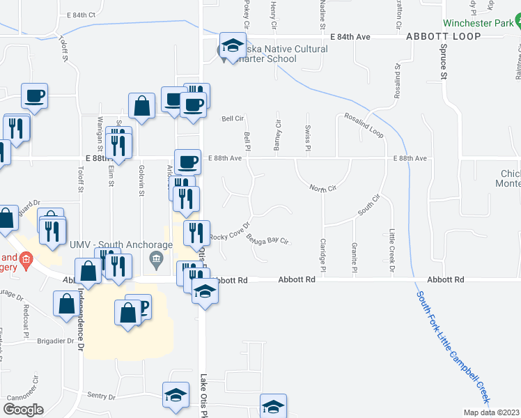 map of restaurants, bars, coffee shops, grocery stores, and more near 2707 Snug Harbor Circle in Anchorage