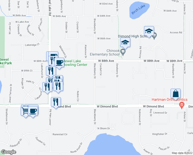 map of restaurants, bars, coffee shops, grocery stores, and more near 8850 Cordell Circle in Anchorage