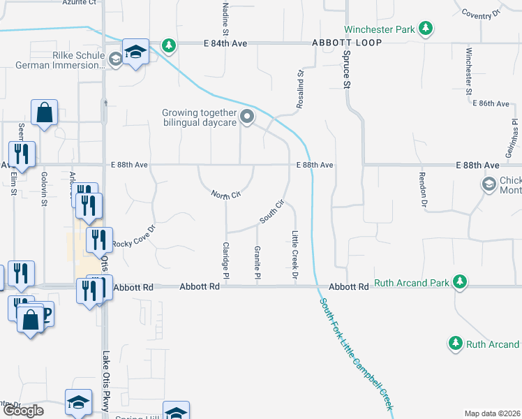 map of restaurants, bars, coffee shops, grocery stores, and more near 3127 South Circle in Anchorage