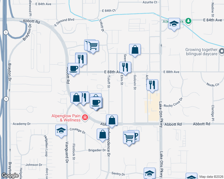 map of restaurants, bars, coffee shops, grocery stores, and more near 8921 Toloff Street in Anchorage